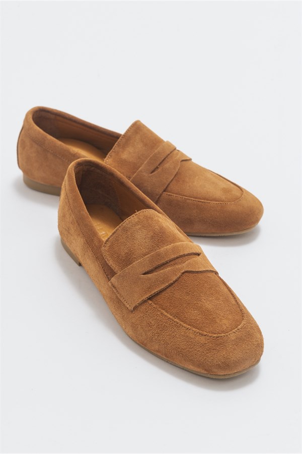 151-04-1-TABA SUETVERUS Taba Süet Hakiki Deri Kadın Loafer Ayakkabı