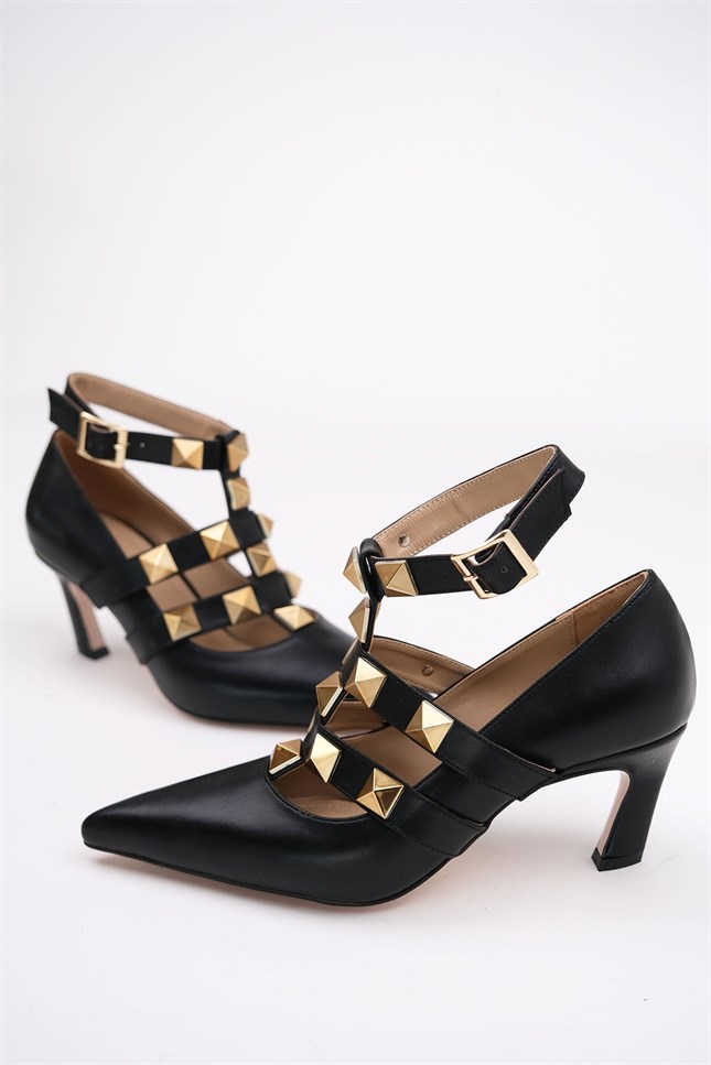 127-1700-2-SIYAHKUANTE Siyah Cilt Kadın Topuklu Ayakkabı