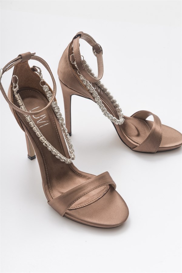 124-3810-2-BRONZ SATENLOVER Bronz Saten Taşlı Kadın Topuklu Ayakkabı