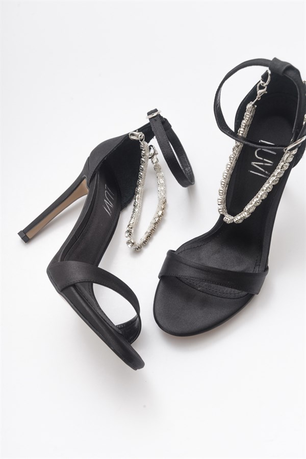 124-3810-1-SIYAH SATENLOVER Siyah Saten Taşlı Kadın Topuklu Ayakkabı
