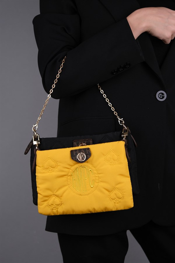11-YB4985-7-SIYAH/SARINIL Siyah Sarı Kumaş Kadın Çapraz Çanta