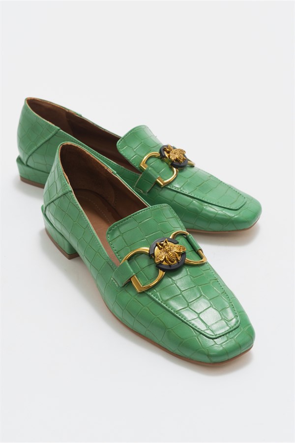 62-909-3-YESIL BASKIODOR Yeşil Baskı Kadın Loafer Ayakkabı
